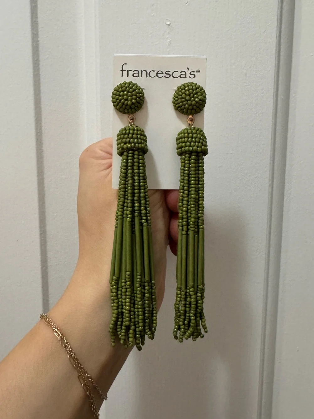 Francesca's Olive Beaded Tassel Drop Earrings - Picture 1 of 3